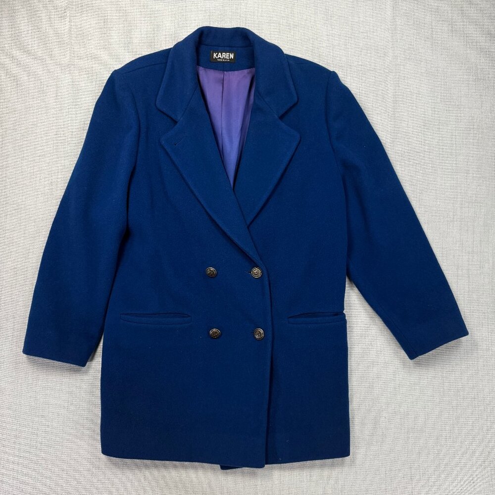 Karen Blue Double Breasted Wool Coat Purple Lining USA Made Jacket Pockets